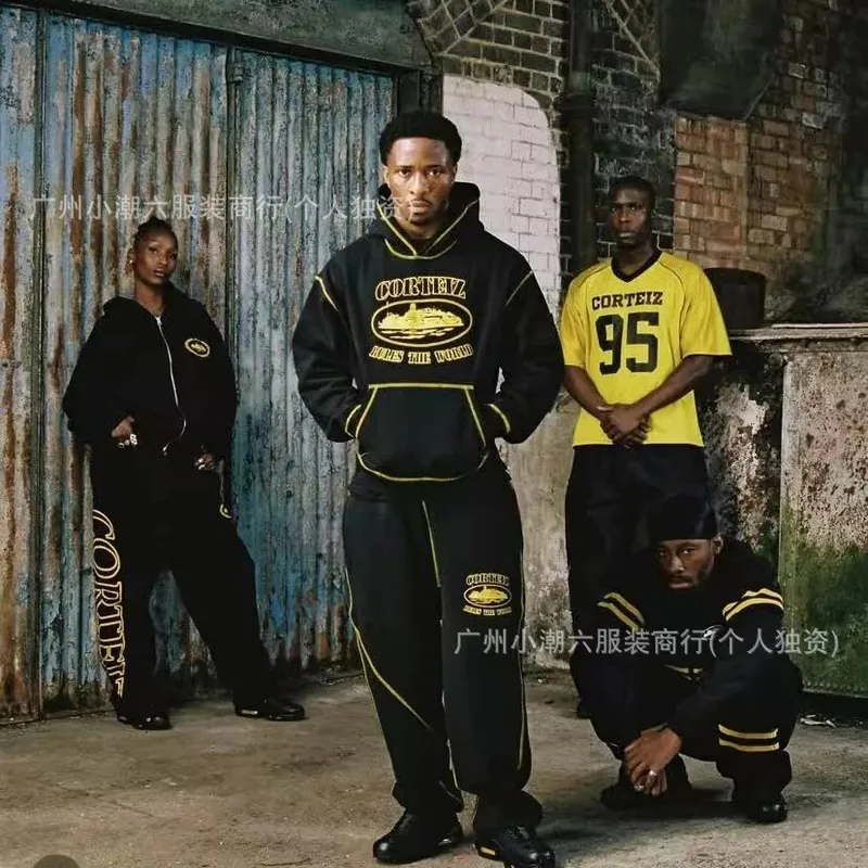 Corteiz Alcatraz retro print beauty high street loose cardigan hooded sweatshirt casual trouser suit for men 6